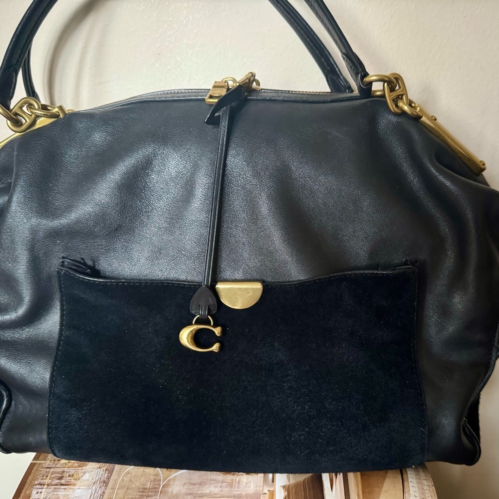 Coach Black and Gold Shoulder Bag with Suede Accent